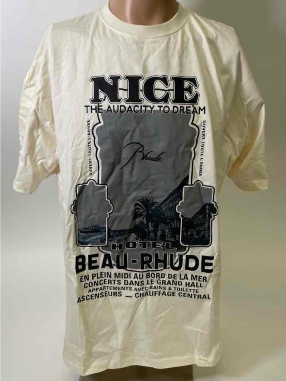 NWT RHUDE HOTEL BEAU-RHUDE SHORT SLEEVE DESIGNER T-SHIRT CREAM LRG/AUTHENTIC